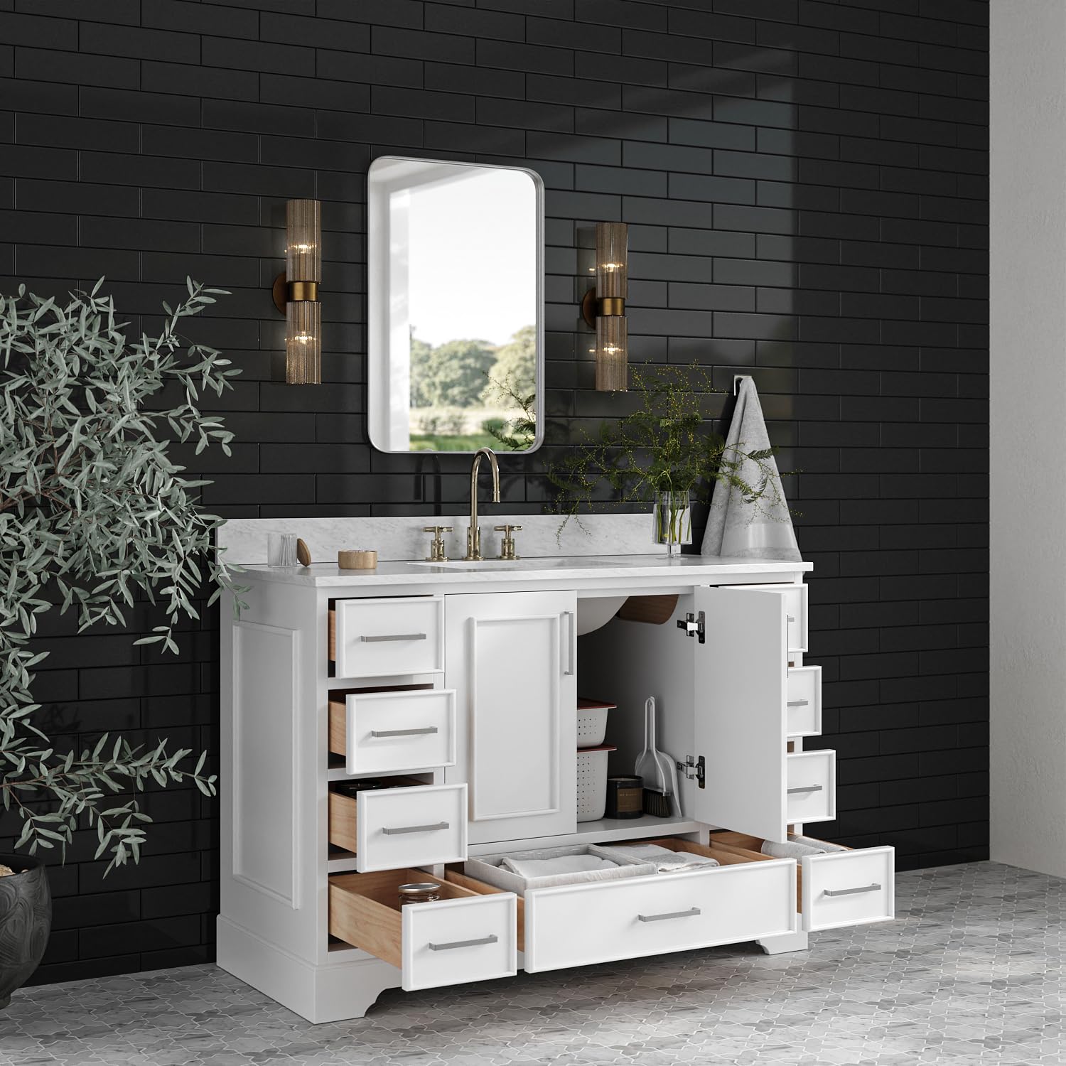 ARIEL Stafford 48-inch Bathroom Vanity with Sink,Solid Wood, 0.75-inch Italian Carrara Marble Countertop, Single Rectangular Porcelain Sink, 2 Soft Closing Doors, 9 Dovetail Drawers, White - Image 3