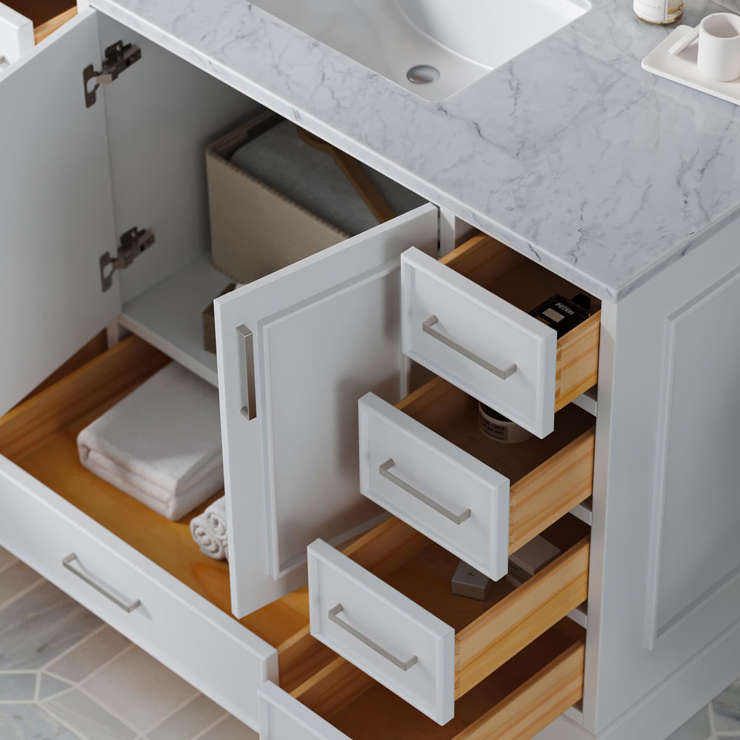 ARIEL Stafford 48-inch Bathroom Vanity with Sink,Solid Wood, 0.75-inch Italian Carrara Marble Countertop, Single Rectangular Porcelain Sink, 2 Soft Closing Doors, 9 Dovetail Drawers, White - Image 4