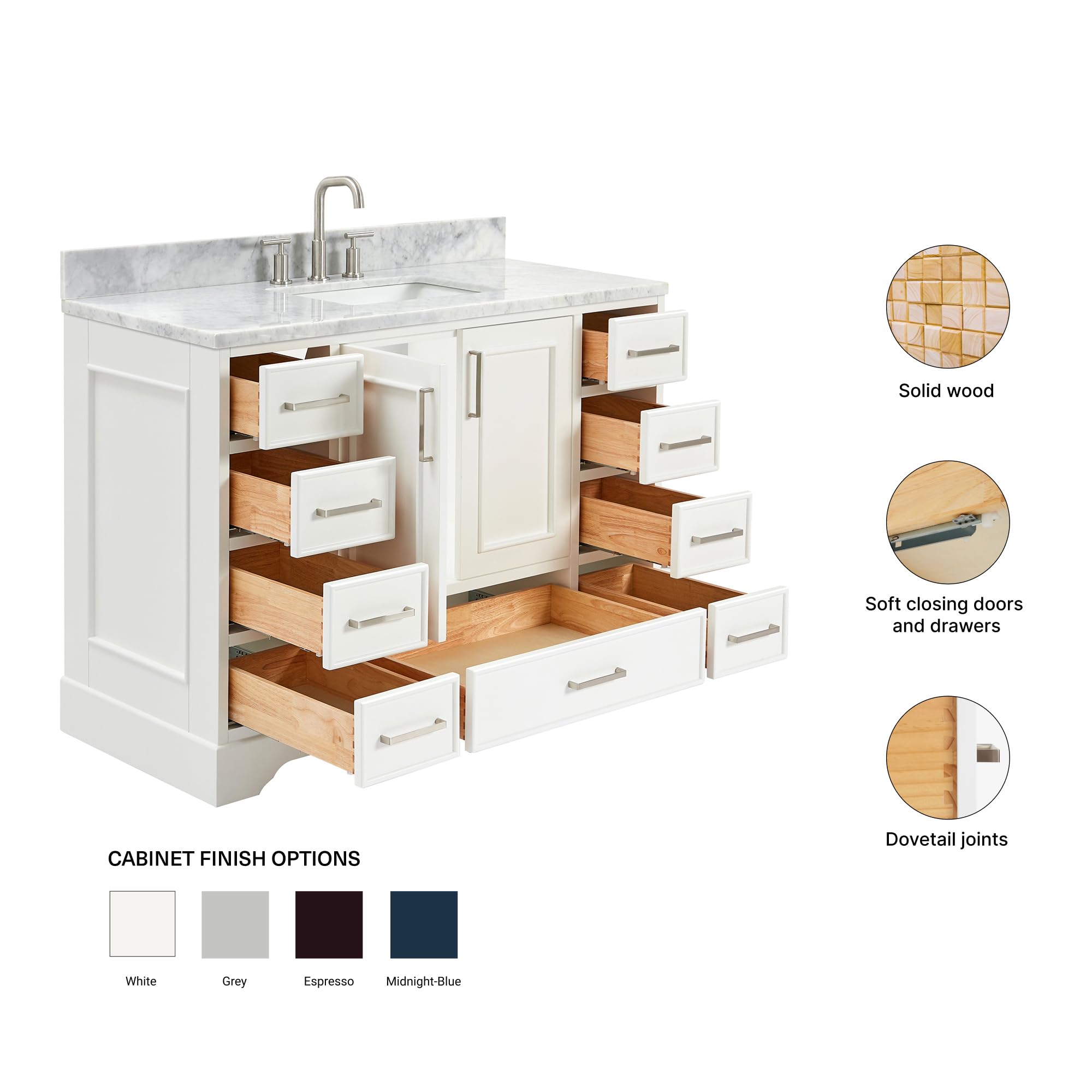 ARIEL Stafford 48-inch Bathroom Vanity with Sink,Solid Wood, 0.75-inch Italian Carrara Marble Countertop, Single Rectangular Porcelain Sink, 2 Soft Closing Doors, 9 Dovetail Drawers, White - Image 6
