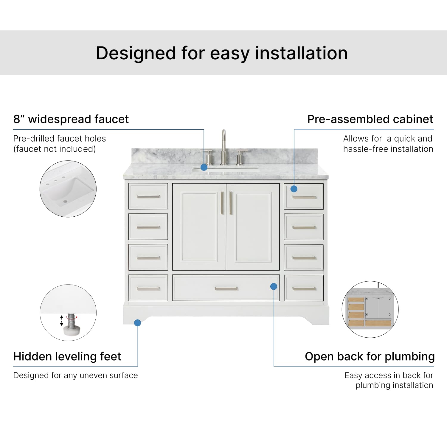 ARIEL Stafford 48-inch Bathroom Vanity with Sink,Solid Wood, 0.75-inch Italian Carrara Marble Countertop, Single Rectangular Porcelain Sink, 2 Soft Closing Doors, 9 Dovetail Drawers, White - Image 7