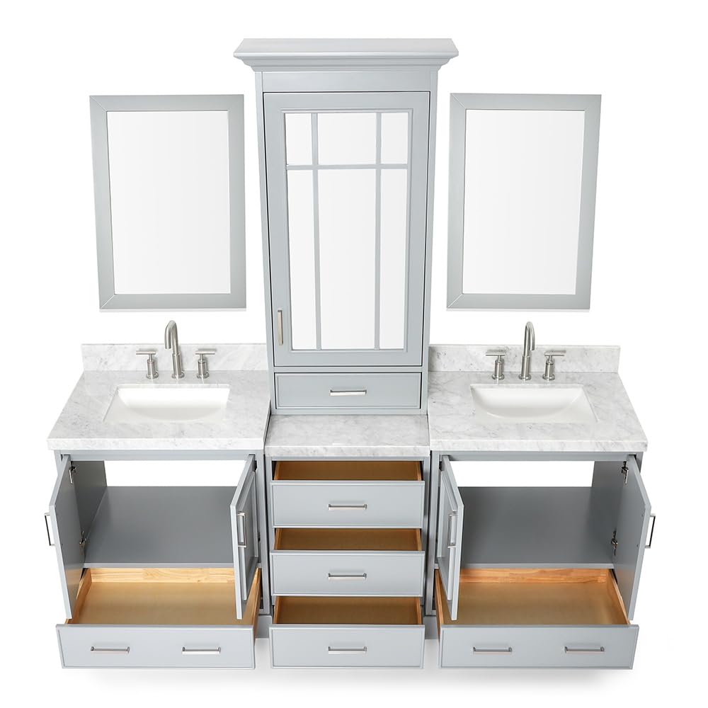 ARIEL Stafford 84-inch Bathroom Vanity with Sink,Solid Wood, 1.5-inch Italian Carrara Marble Countertop, Double Rectangular Porcelain Sink, 5 Soft Closing Doors, 6 Dovetail Drawers, Grey - Image 11