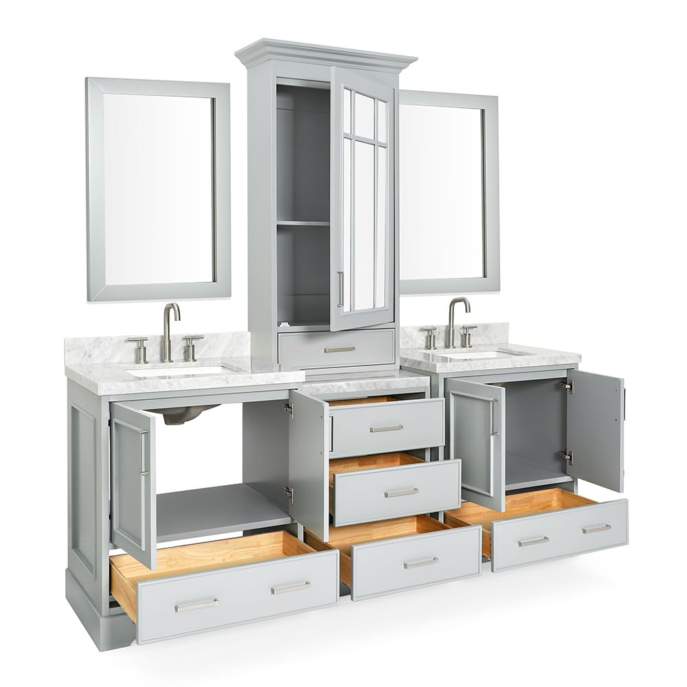 ARIEL Stafford 84-inch Bathroom Vanity with Sink,Solid Wood, 1.5-inch Italian Carrara Marble Countertop, Double Rectangular Porcelain Sink, 5 Soft Closing Doors, 6 Dovetail Drawers, Grey - Image 12