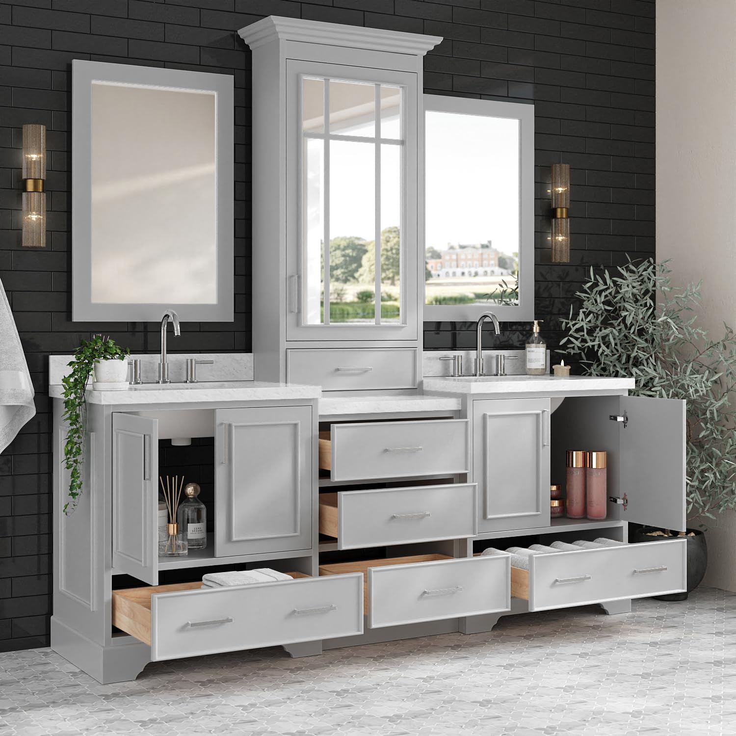 ARIEL Stafford 84-inch Bathroom Vanity with Sink,Solid Wood, 1.5-inch Italian Carrara Marble Countertop, Double Rectangular Porcelain Sink, 5 Soft Closing Doors, 6 Dovetail Drawers, Grey - Image 3