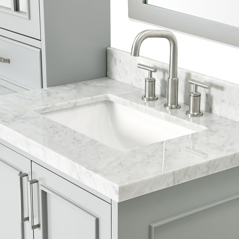 ARIEL Stafford 84-inch Bathroom Vanity with Sink,Solid Wood, 1.5-inch Italian Carrara Marble Countertop, Double Rectangular Porcelain Sink, 5 Soft Closing Doors, 6 Dovetail Drawers, Grey - Image 5