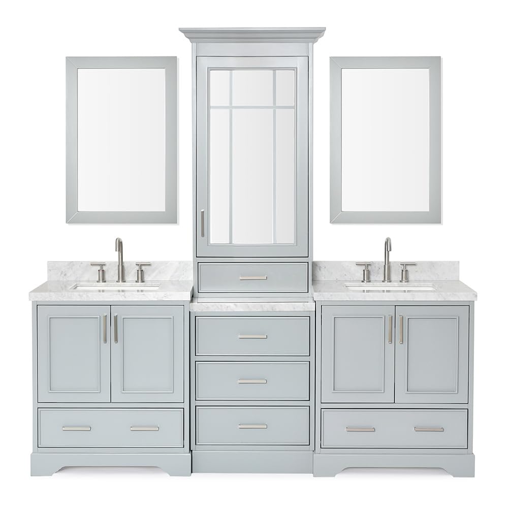 ARIEL Stafford 84-inch Bathroom Vanity with Sink,Solid Wood, 1.5-inch Italian Carrara Marble Countertop, Double Rectangular Porcelain Sink, 5 Soft Closing Doors, 6 Dovetail Drawers, Grey - Image 6