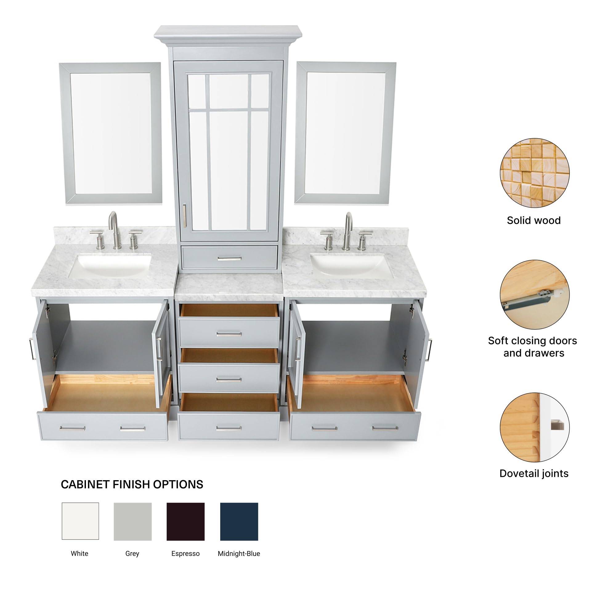 ARIEL Stafford 84-inch Bathroom Vanity with Sink,Solid Wood, 1.5-inch Italian Carrara Marble Countertop, Double Rectangular Porcelain Sink, 5 Soft Closing Doors, 6 Dovetail Drawers, Grey - Image 7