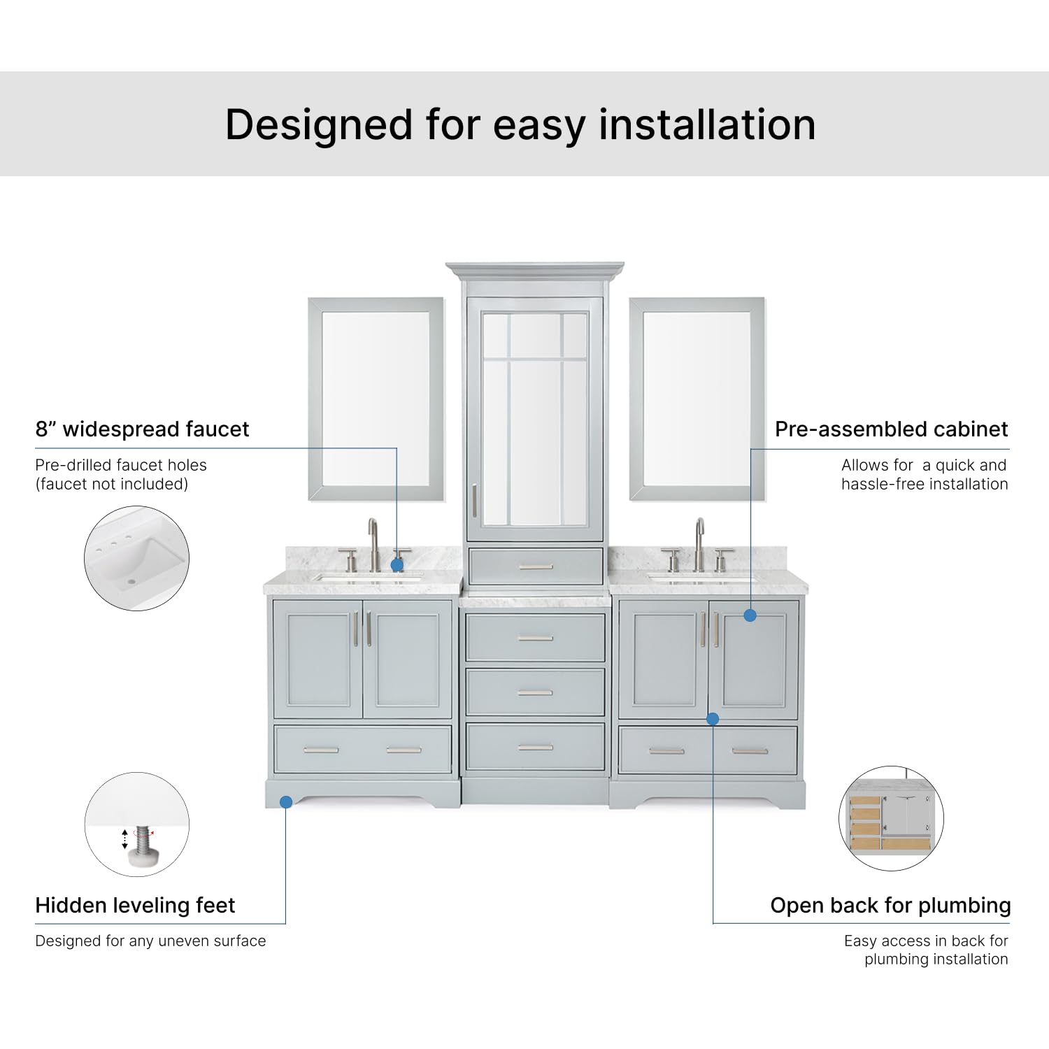 ARIEL Stafford 84-inch Bathroom Vanity with Sink,Solid Wood, 1.5-inch Italian Carrara Marble Countertop, Double Rectangular Porcelain Sink, 5 Soft Closing Doors, 6 Dovetail Drawers, Grey - Image 8