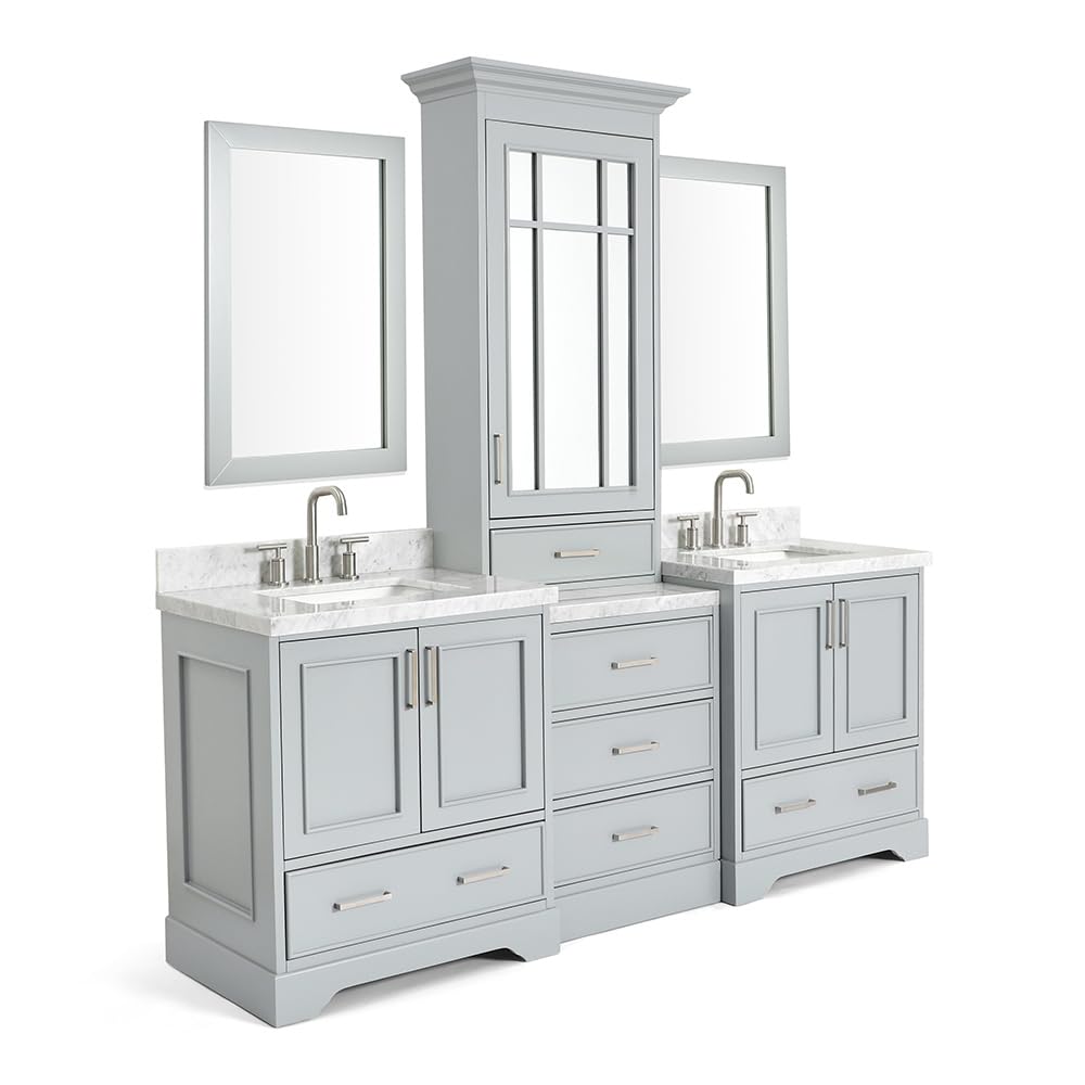 ARIEL Stafford 84-inch Bathroom Vanity with Sink,Solid Wood, 1.5-inch Italian Carrara Marble Countertop, Double Rectangular Porcelain Sink, 5 Soft Closing Doors, 6 Dovetail Drawers, Grey - Image 9