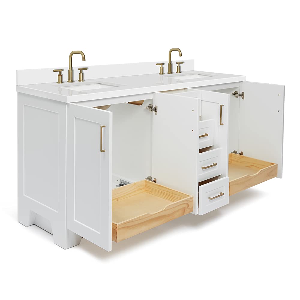 ARIEL Taylor 72-inch Bathroom Vanity with Sink,Solid Wood, 1.5-inch Pure White Quartz Countertop & Backsplash, Double Rectangular Porcelain Sink, 4 Soft Closing Doors, 6 Dovetail Drawers, White - Image 10