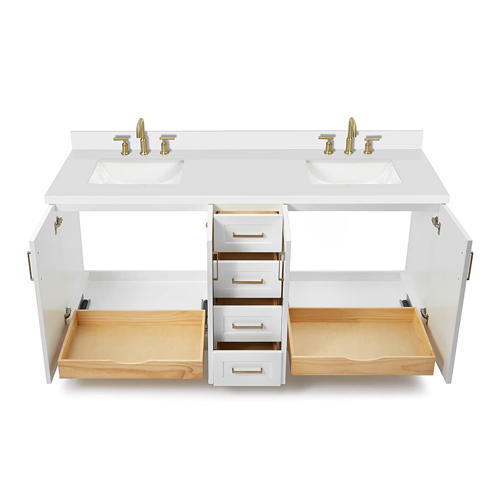 ARIEL Taylor 72-inch Bathroom Vanity with Sink,Solid Wood, 1.5-inch Pure White Quartz Countertop & Backsplash, Double Rectangular Porcelain Sink, 4 Soft Closing Doors, 6 Dovetail Drawers, White - Image 11