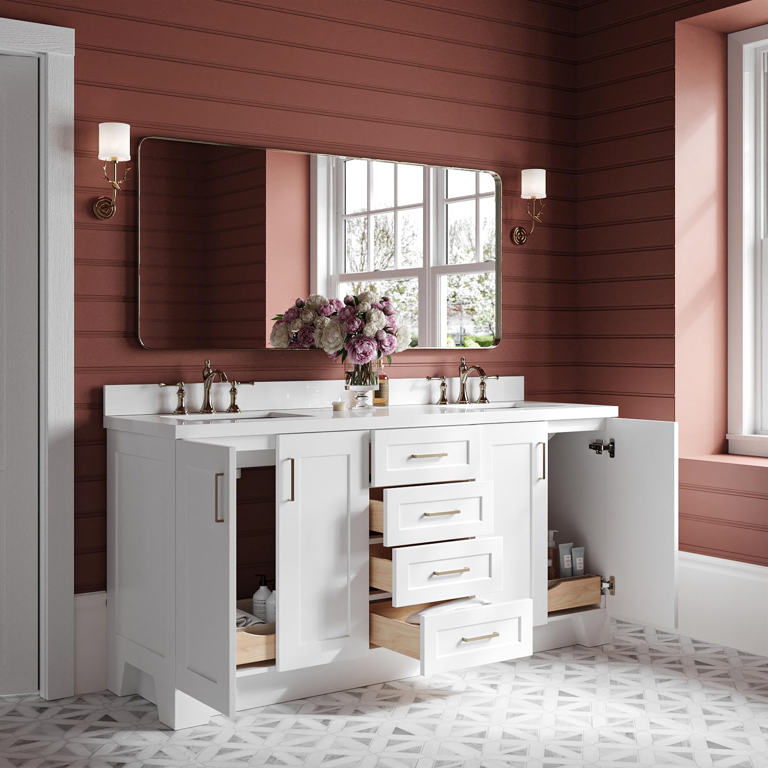 ARIEL Taylor 72-inch Bathroom Vanity with Sink,Solid Wood, 1.5-inch Pure White Quartz Countertop & Backsplash, Double Rectangular Porcelain Sink, 4 Soft Closing Doors, 6 Dovetail Drawers, White - Image 3