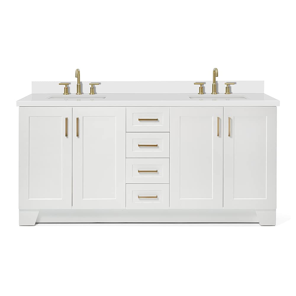 ARIEL Taylor 72-inch Bathroom Vanity with Sink,Solid Wood, 1.5-inch Pure White Quartz Countertop & Backsplash, Double Rectangular Porcelain Sink, 4 Soft Closing Doors, 6 Dovetail Drawers, White - Image 5