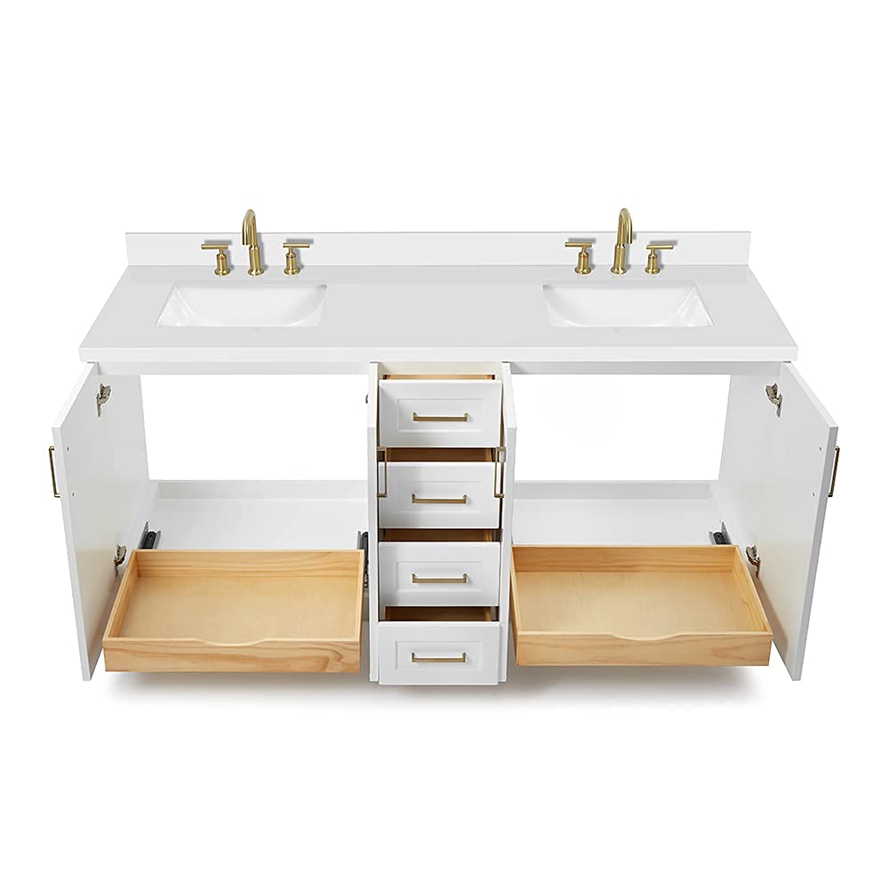 ARIEL Taylor 72-inch Bathroom Vanity with Sink,Solid Wood, 1.5-inch Pure White Quartz Countertop & Backsplash, Double Rectangular Porcelain Sink, 4 Soft Closing Doors, 6 Dovetail Drawers, White - Image 6